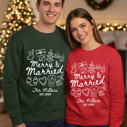 Merry And Married Couple Matching Sweatshirts - Personalized Matching Sweatshirts