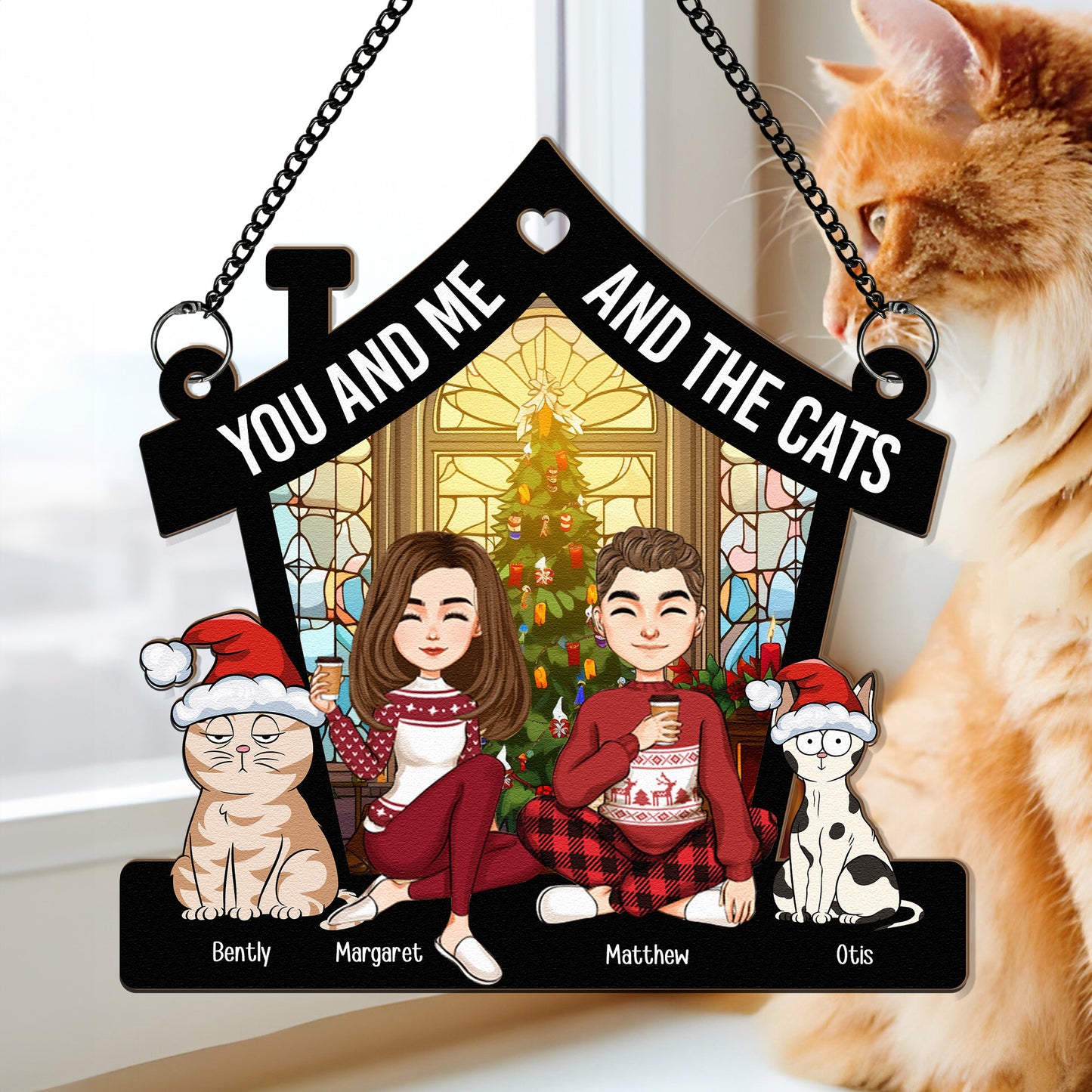 Merry Christmas Couple With Pets - Personalized Window Hanging Suncatcher Ornament