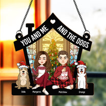 Merry Christmas Couple With Pets - Personalized Window Hanging Suncatcher Ornament