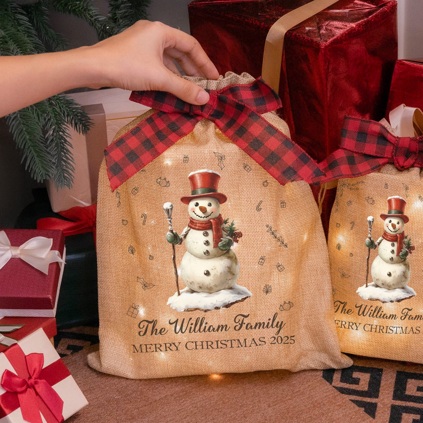 Merry Christmas Vintage Style - Personalized Lighted Burlap Sack