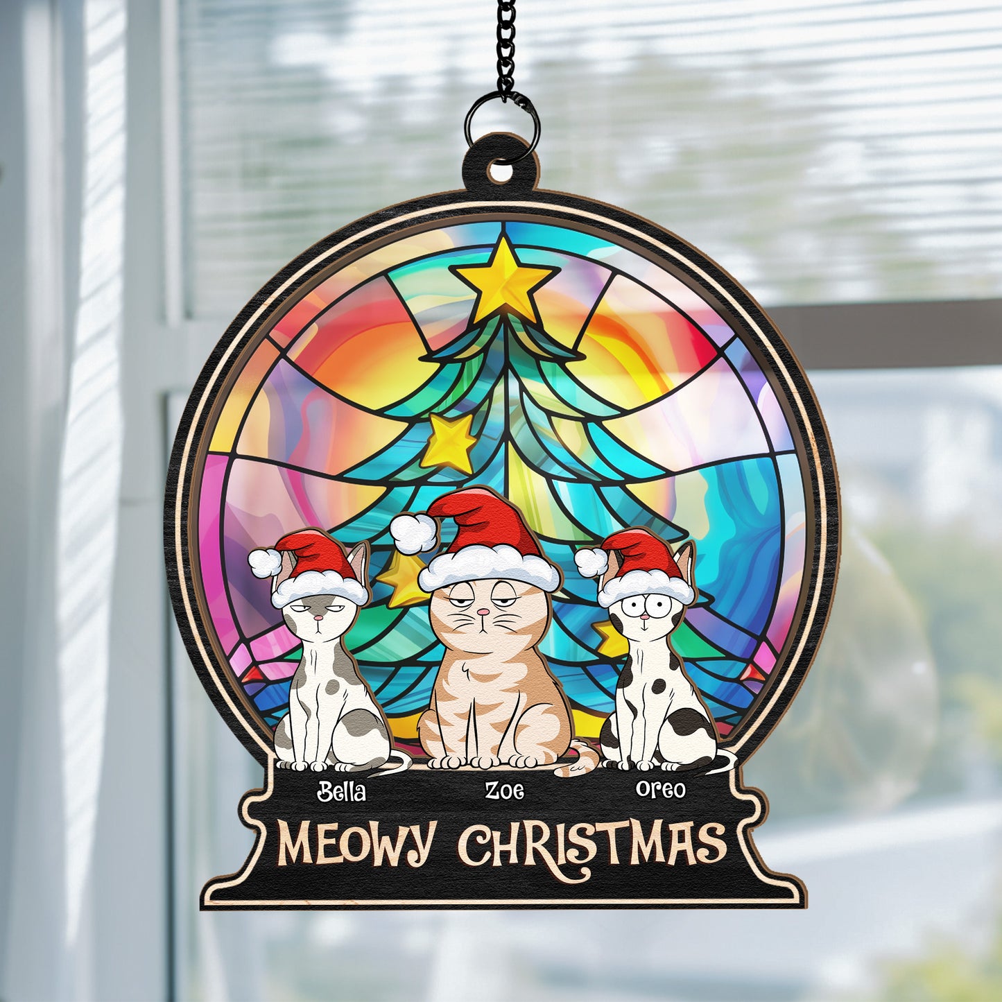 Merry Christmas With Fur Babies - Personalized Window Hanging Suncatcher Ornament