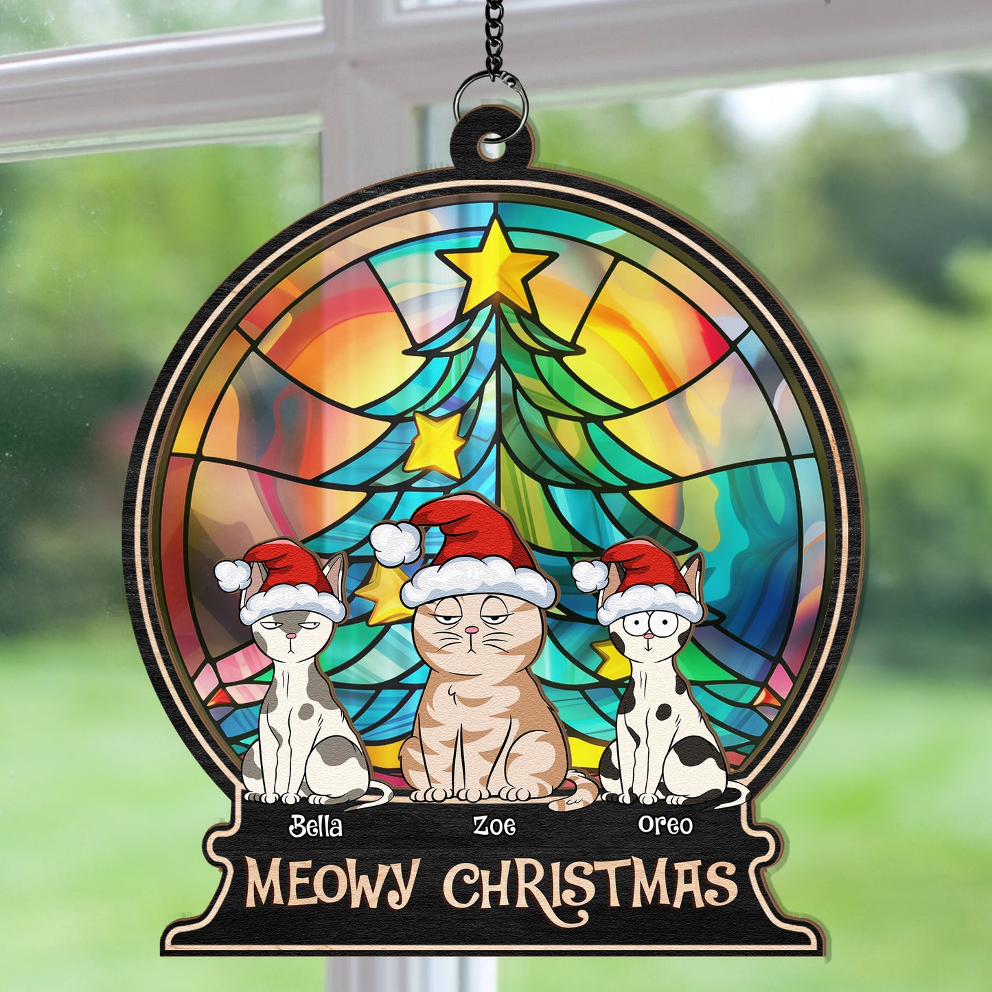 Merry Christmas With Fur Babies - Personalized Window Hanging Suncatcher Ornament