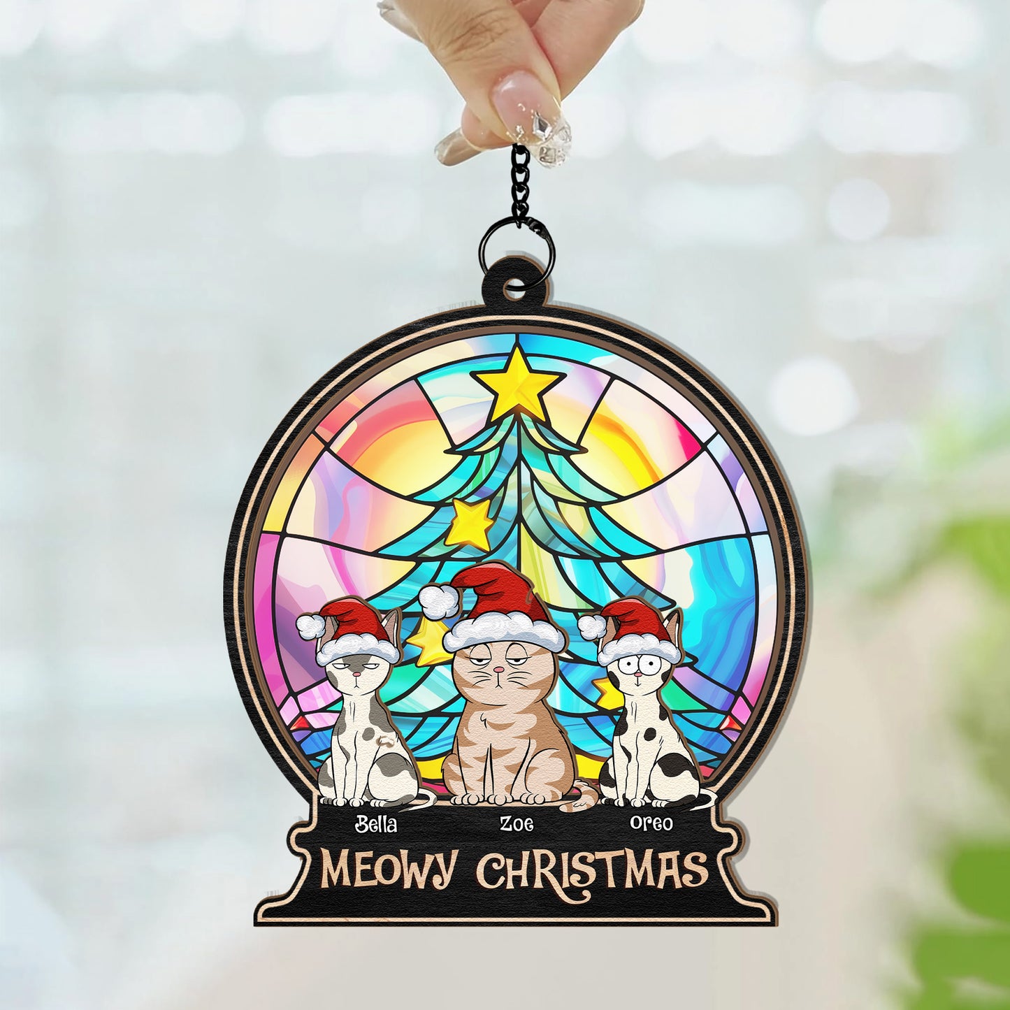 Merry Christmas With Fur Babies - Personalized Window Hanging Suncatcher Ornament