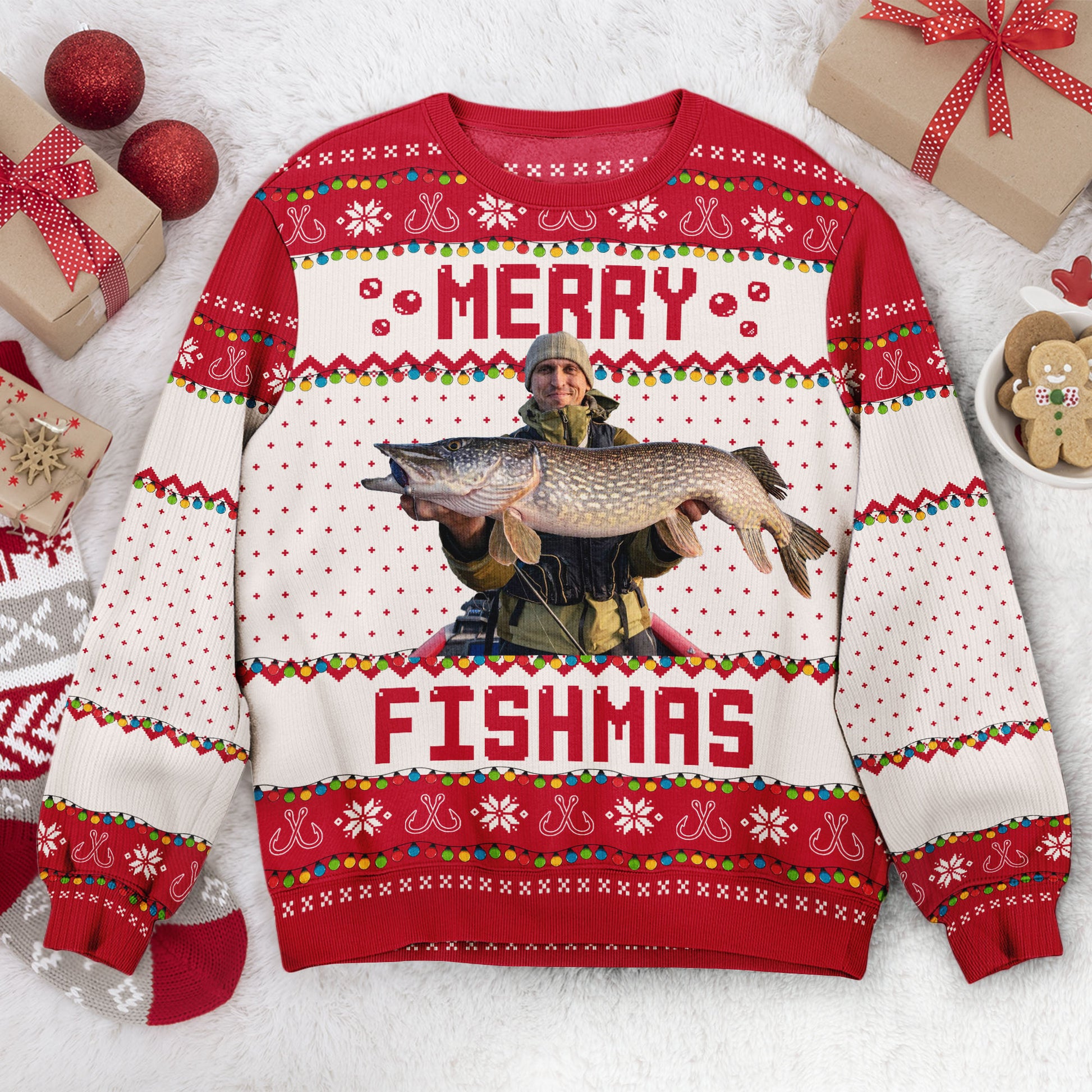 Merry Fishmas Gift For Fishing Lovers - Personalized Photo Ugly Sweater