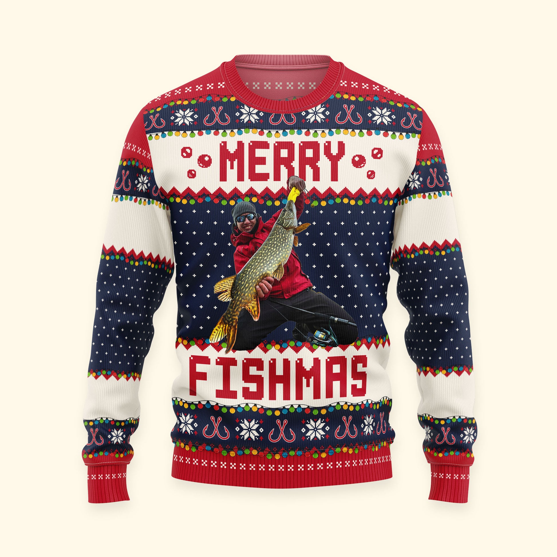 Merry Fishmas Ugly Sweater Fish Fishing Rod Christmas Tree Long Sleeve T- Shirt