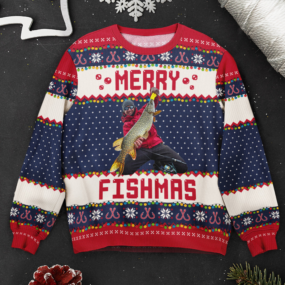 Merry Fishmas Gift For Fishing Lovers - Personalized Photo Ugly Sweater