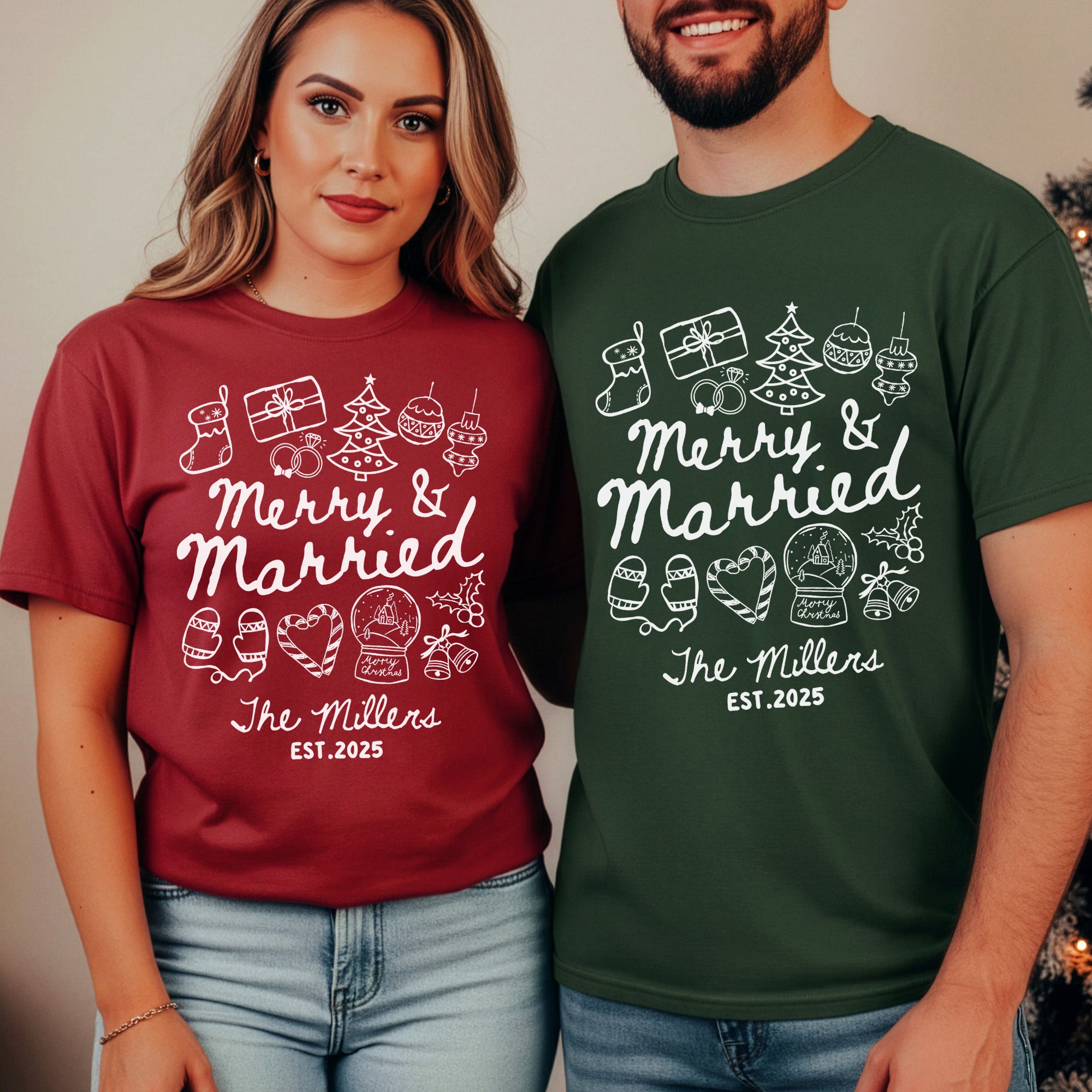 Merry & Married First Christmas as Mr and Mrs Christmas Shirts - Personalized Couple Matching Shirts