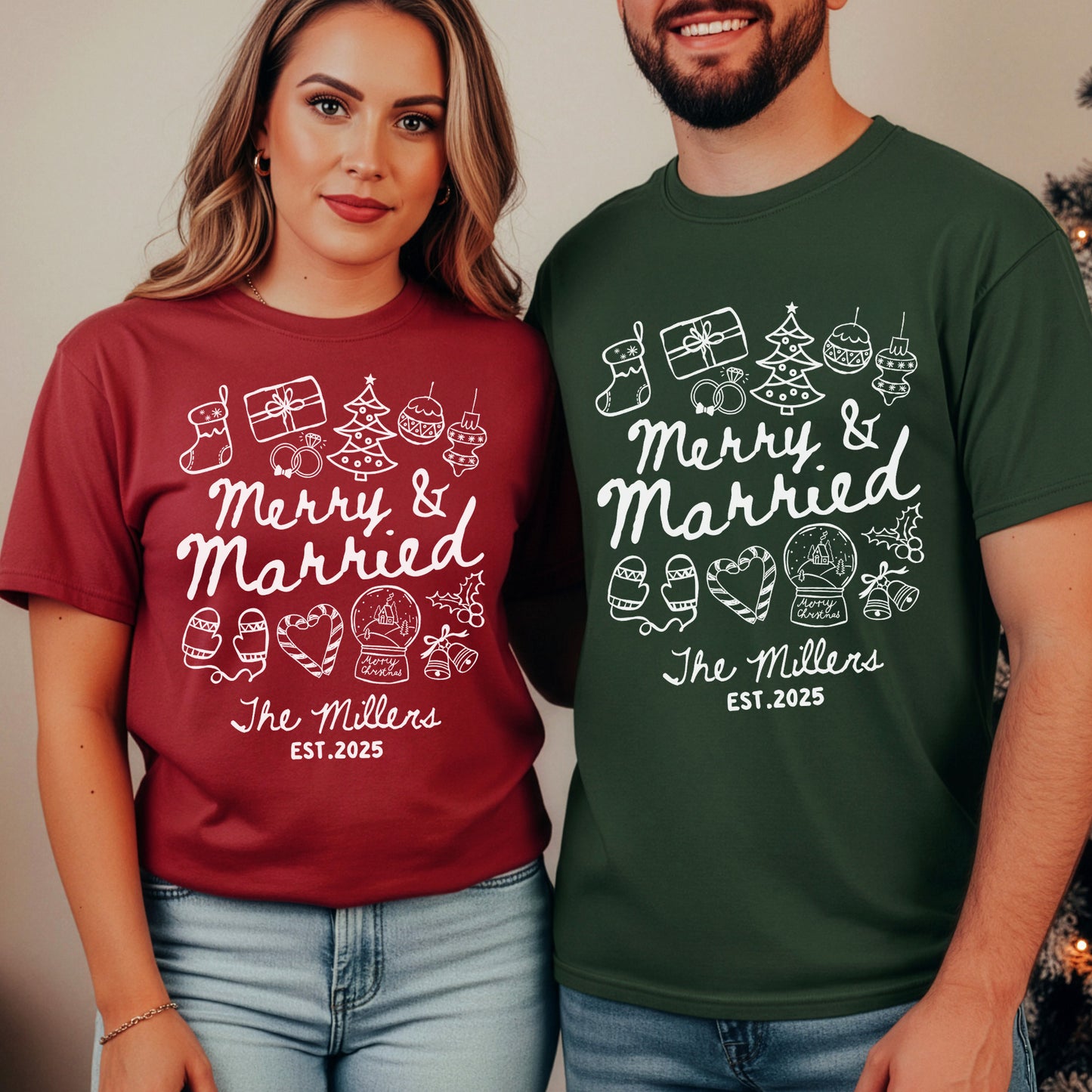 Merry & Married First Christmas as Mr and Mrs Christmas Shirts - Personalized Shirts