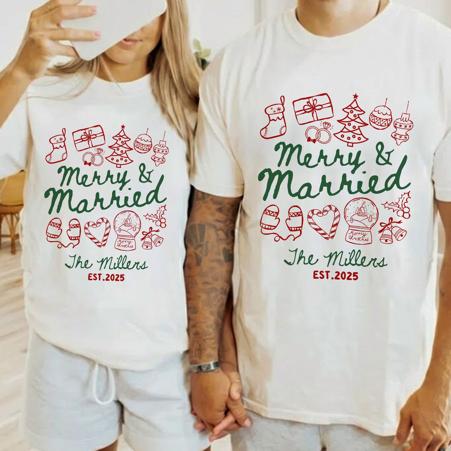 Merry & Married First Christmas as Mr and Mrs Christmas Shirts - Personalized Shirts