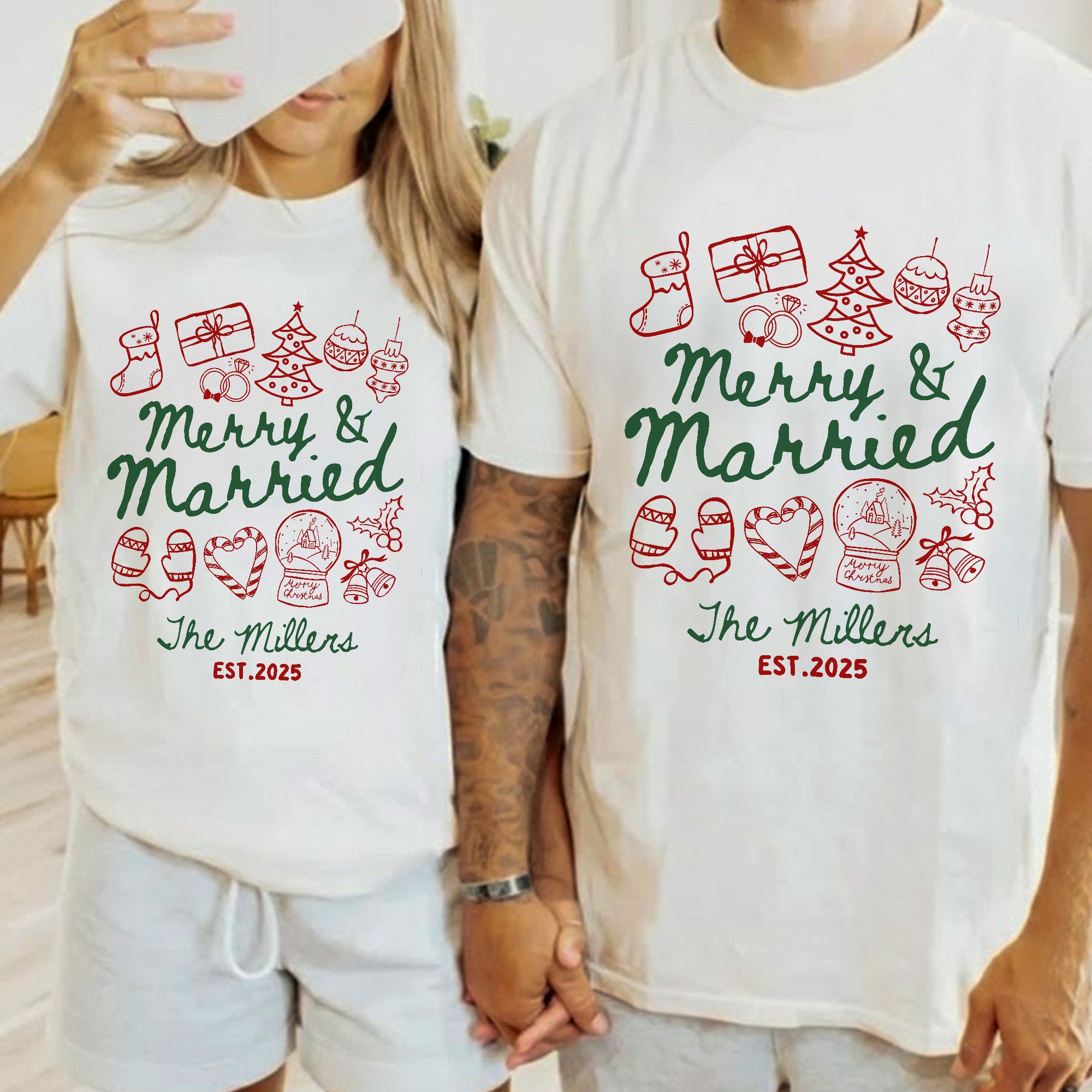 Merry & Married First Christmas as Mr and Mrs Christmas Shirts - Personalized Couple Matching Shirts