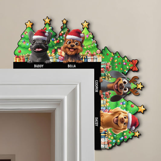 Merry Woofmas - Peeking Dog - Personalized Door Corner Wood Sign