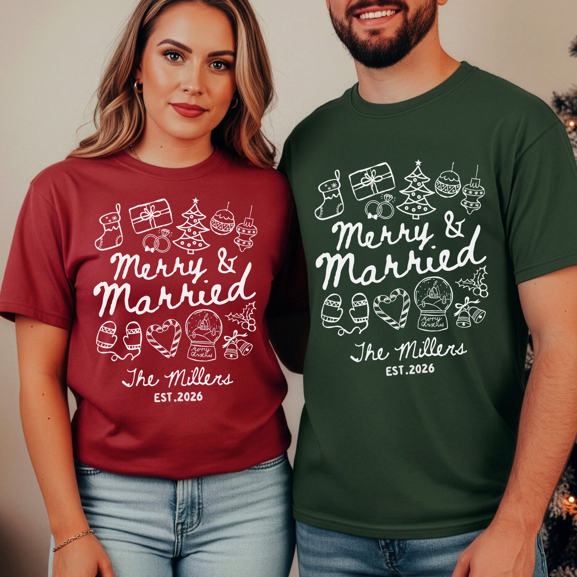 Merry & Married First Christmas as Mr and Mrs Christmas Shirts - Personalized Shirts