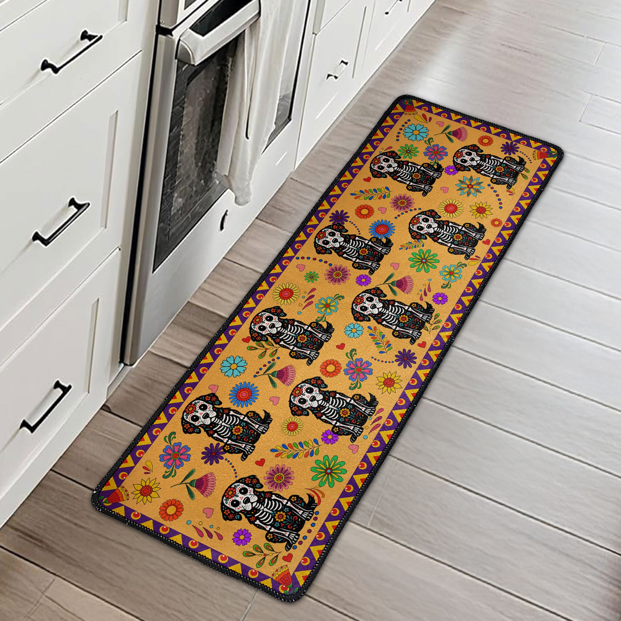 Mexican Floral Pet Sugar Skull Halloween Day Of The Dead - Personalized Runner Rug