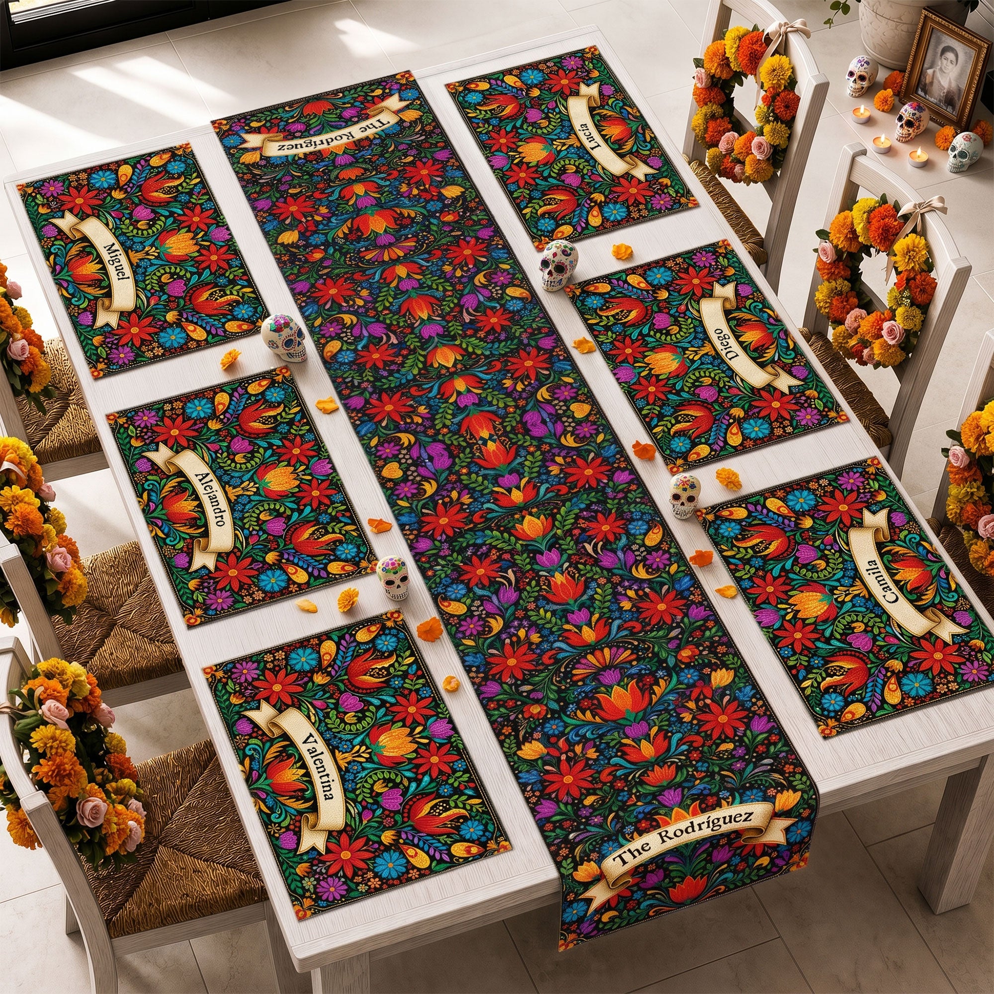 Mexican-Cinco-De-Mayo-Floral-Fiesta-Dia-De-Los-Muertos-Personalized-Table-Runner-Set-1