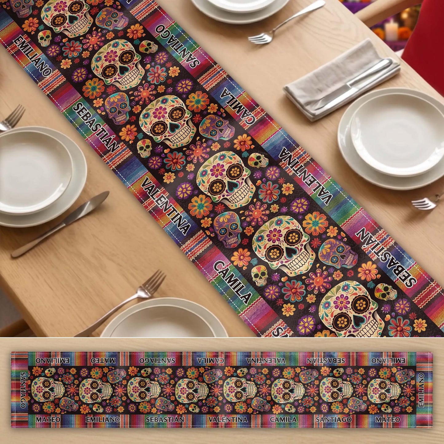 Mexican-Day-Of-The-Dead-Festive-Flowers-And-Sugar-Skulls-Personalized-Table-Runner-1