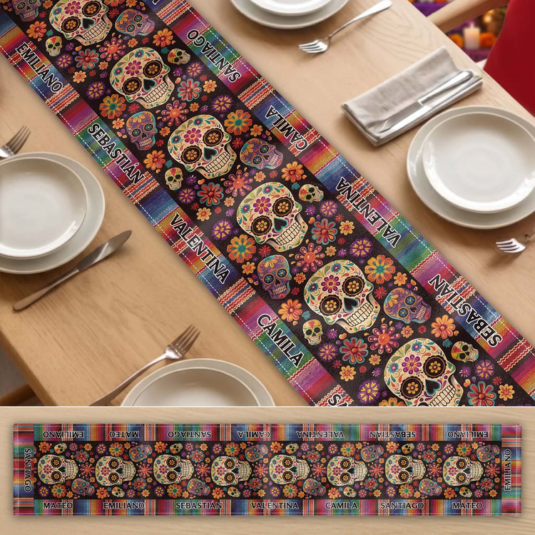Mexican-Day-Of-The-Dead-Festive-Flowers-And-Sugar-Skulls-Personalized-Table-Runner-1