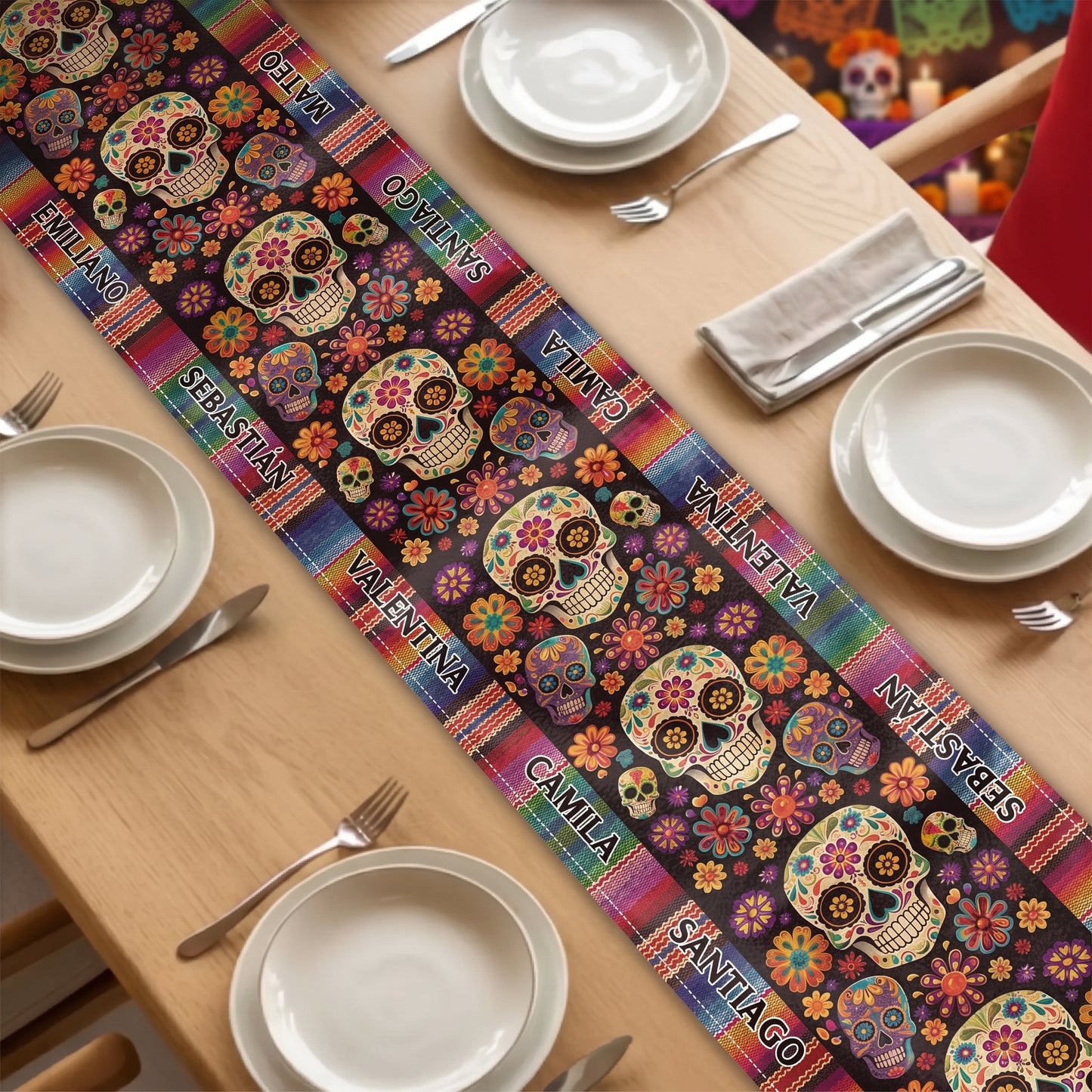 Mexican-Day-Of-The-Dead-Festive-Flowers-And-Sugar-Skulls-Personalized-Table-Runner-4