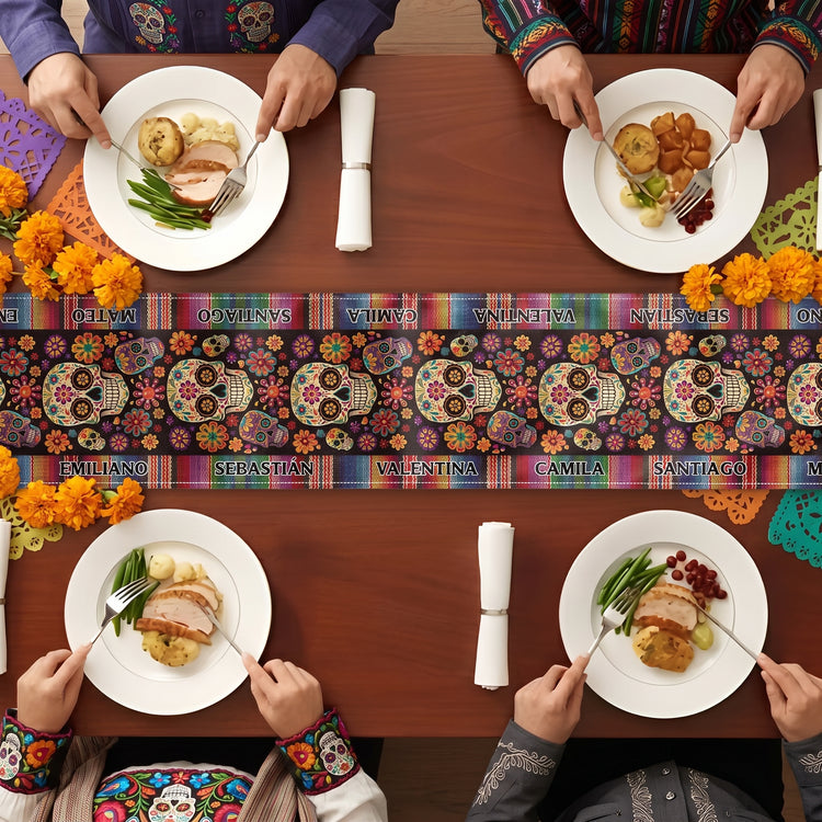 Mexican-Day-Of-The-Dead-Festive-Flowers-And-Sugar-Skulls-Personalized-Table-Runner-5