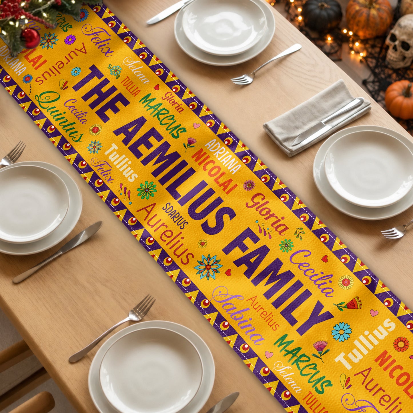 Mexican-Day-Of-The-Dead-Festive-Flowers-Repeating-Names-Personalized-Table-Runner-1