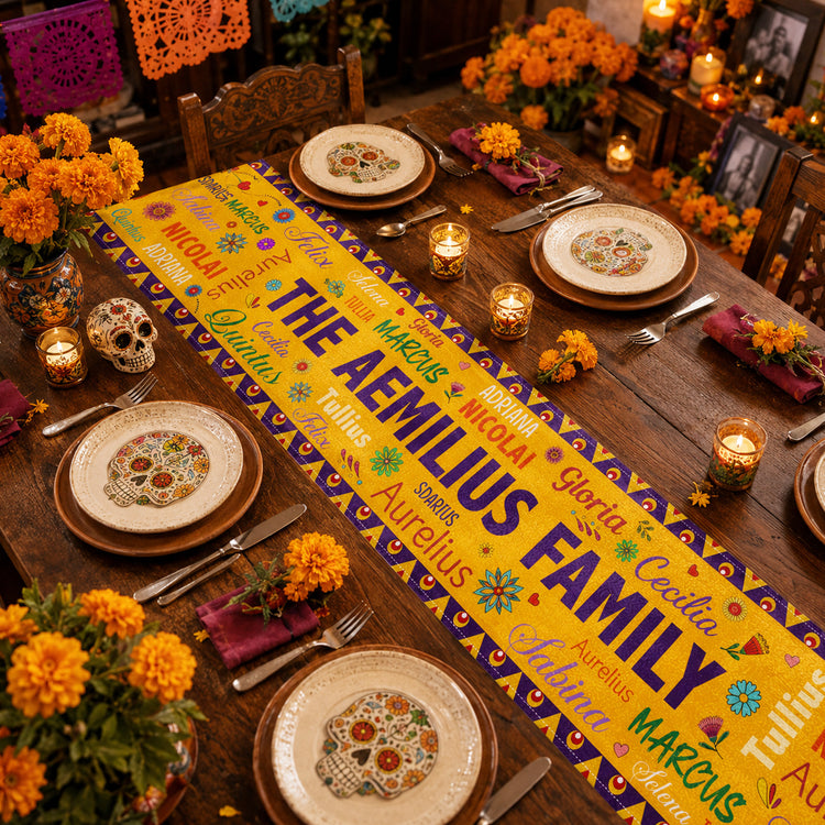 Mexican-Day-Of-The-Dead-Festive-Flowers-Repeating-Names-Personalized-Table-Runner-2