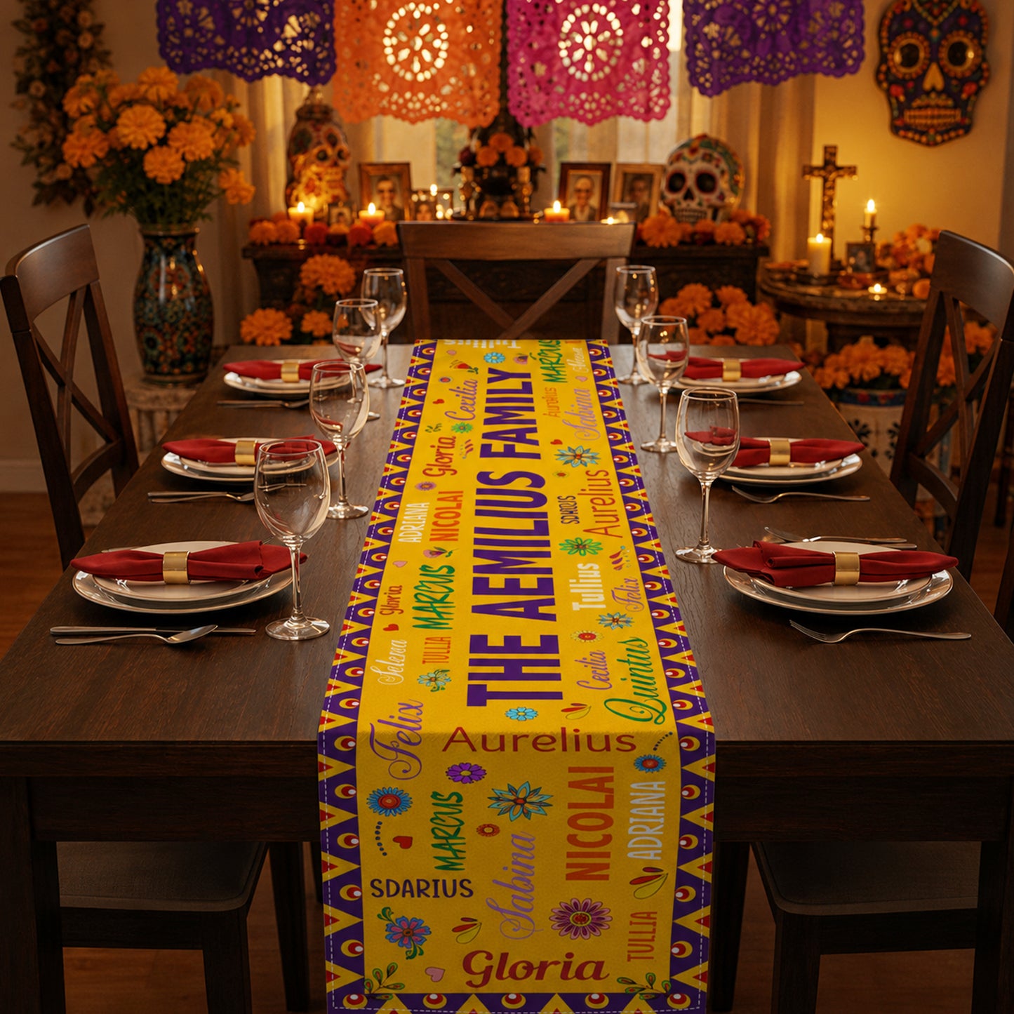 Mexican-Day-Of-The-Dead-Festive-Flowers-Repeating-Names-Personalized-Table-Runner-3