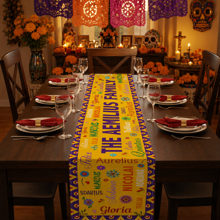 Mexican-Day-Of-The-Dead-Festive-Flowers-Repeating-Names-Personalized-Table-Runner-3