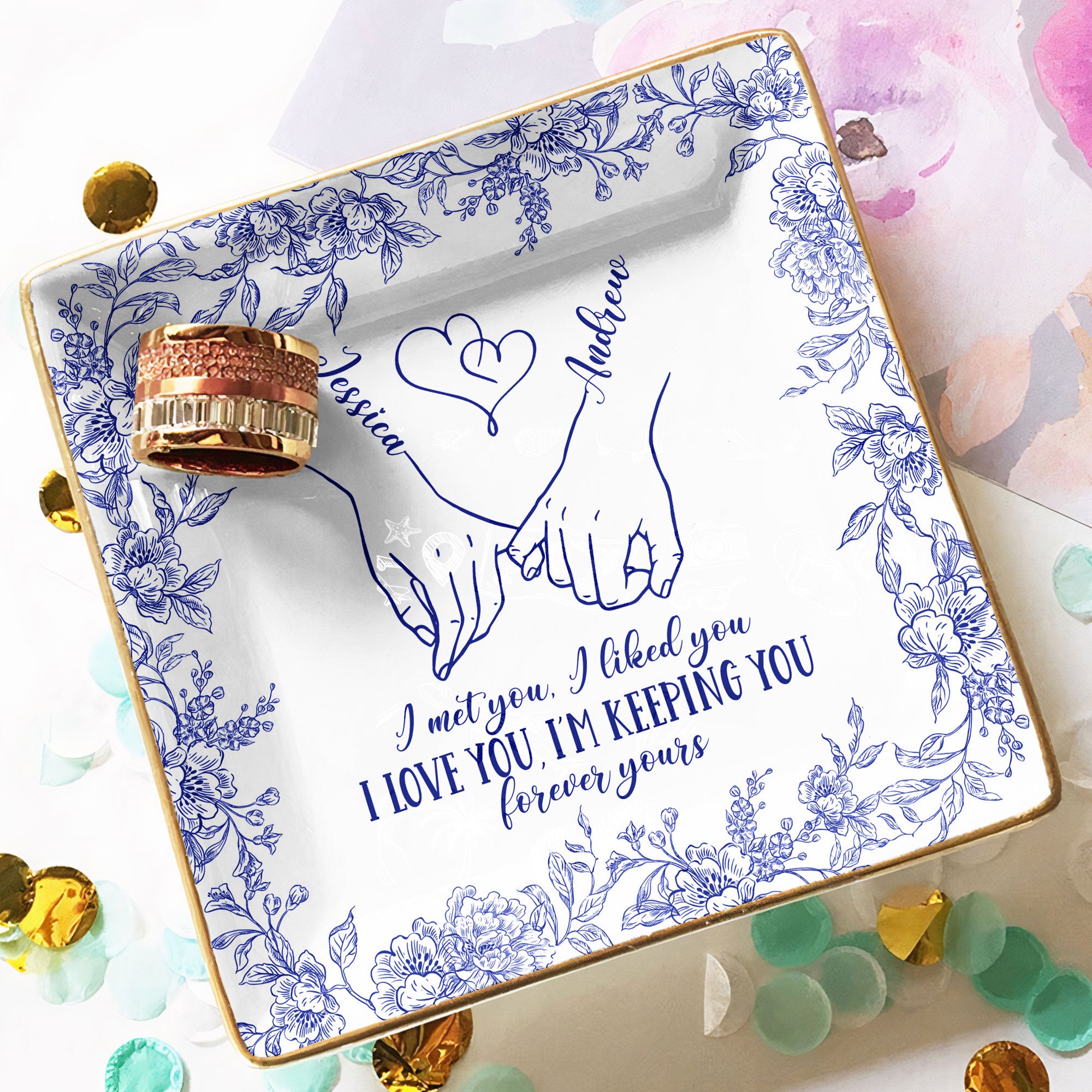 Toile De Jouy Style Forever Yours Anniversary Gift For Women - Personalized Jewelry Dish