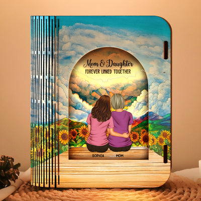 Mom And Daughters Forever Linked Together - Personalized 3D Wooden Puzzle Night Light