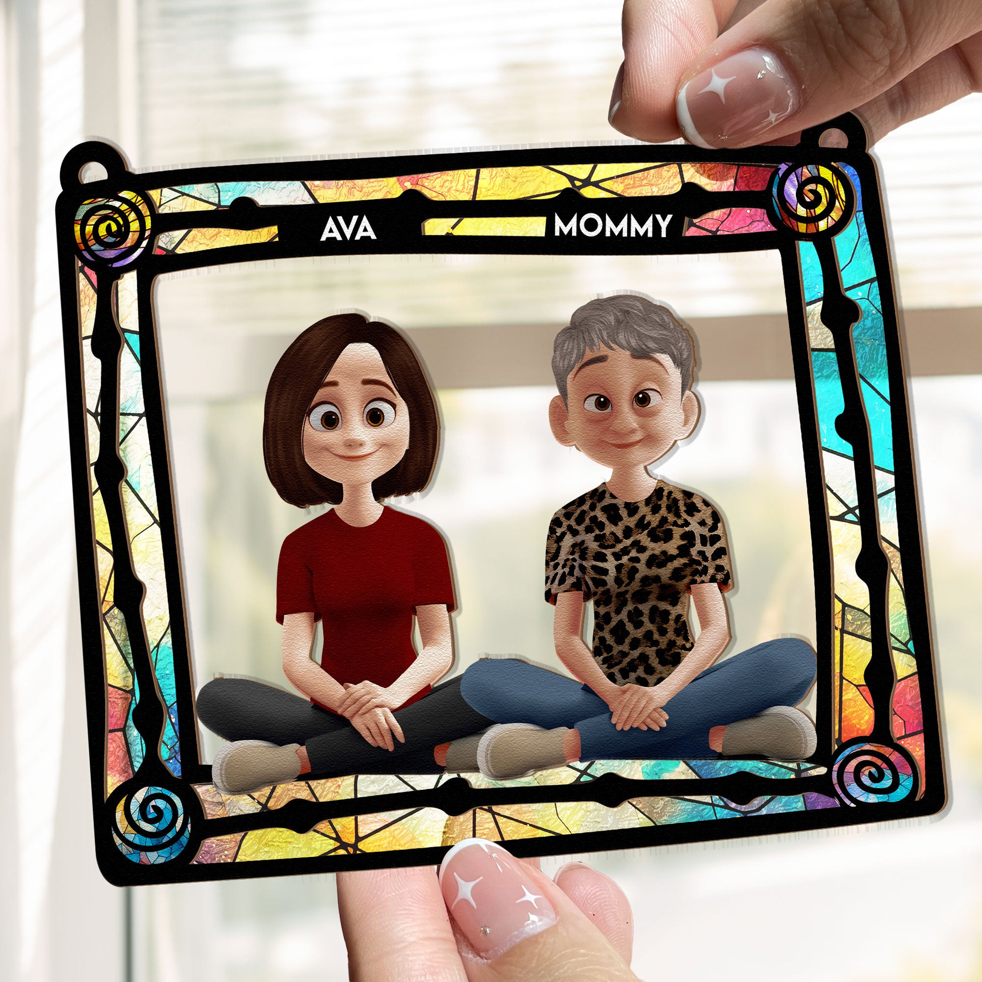 Mom And Her Children - New Version - Personalized Window Hanging Suncatcher Ornament