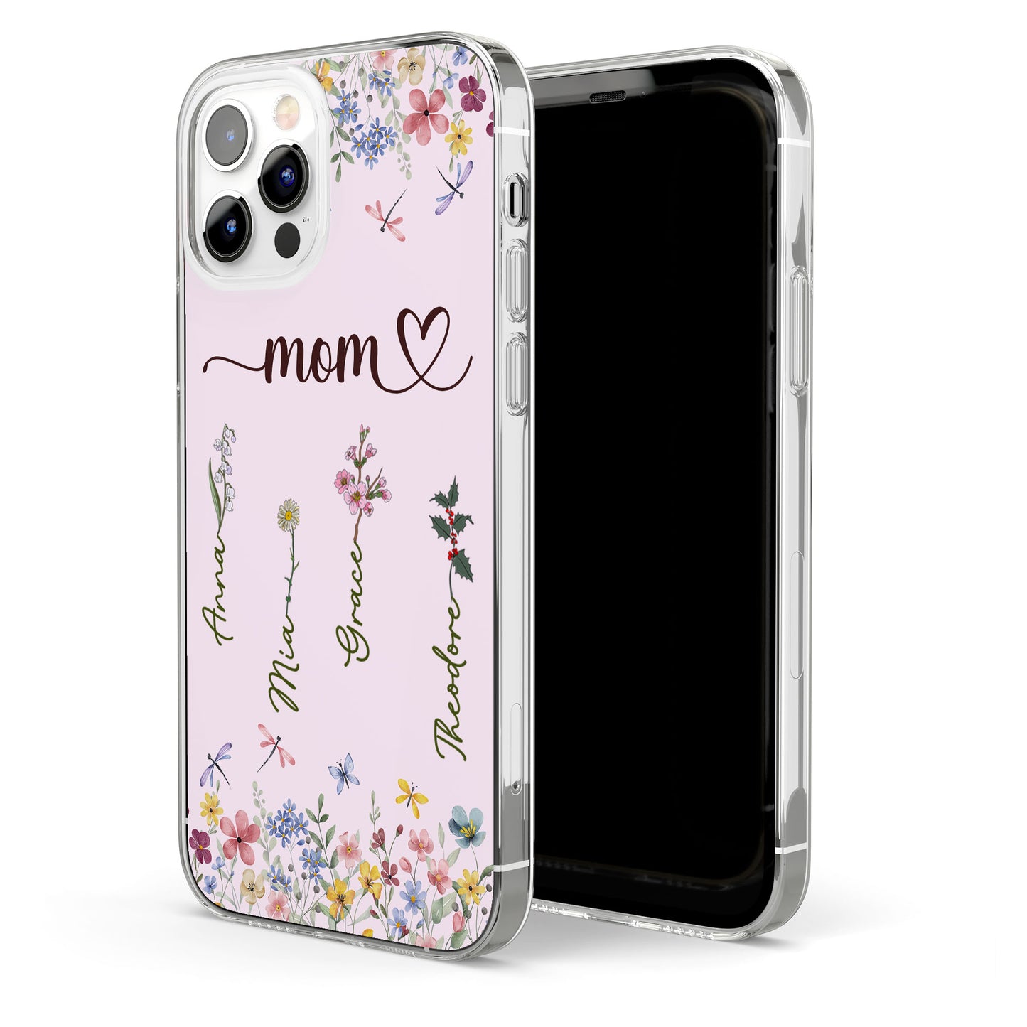 Mom Grandma Custom Birth Flower Kid Name - Personalized Clear Phone Case