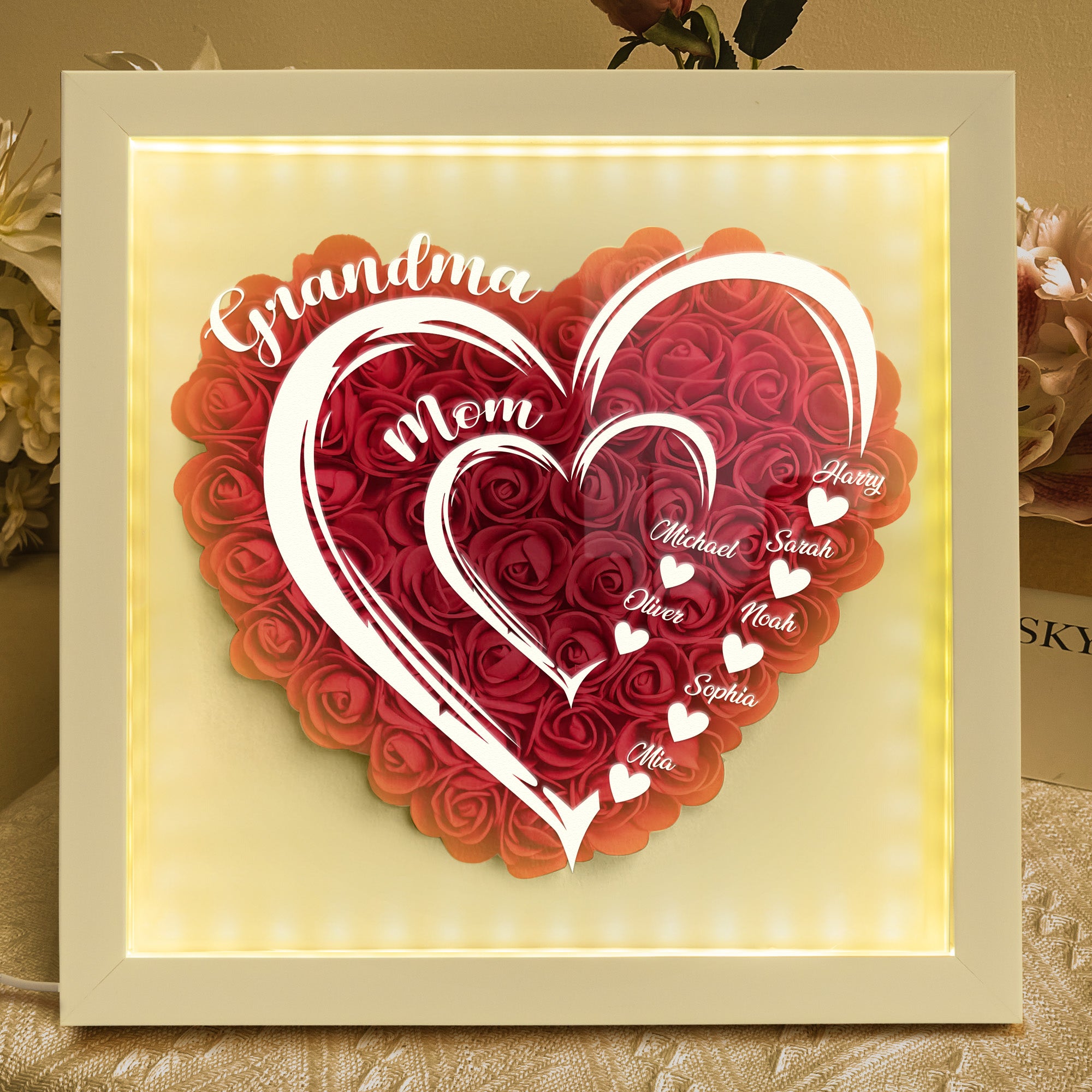 Mom Grandma Hearts Custom Kids' Names - Personalized Flower Shadow Box With LED Light