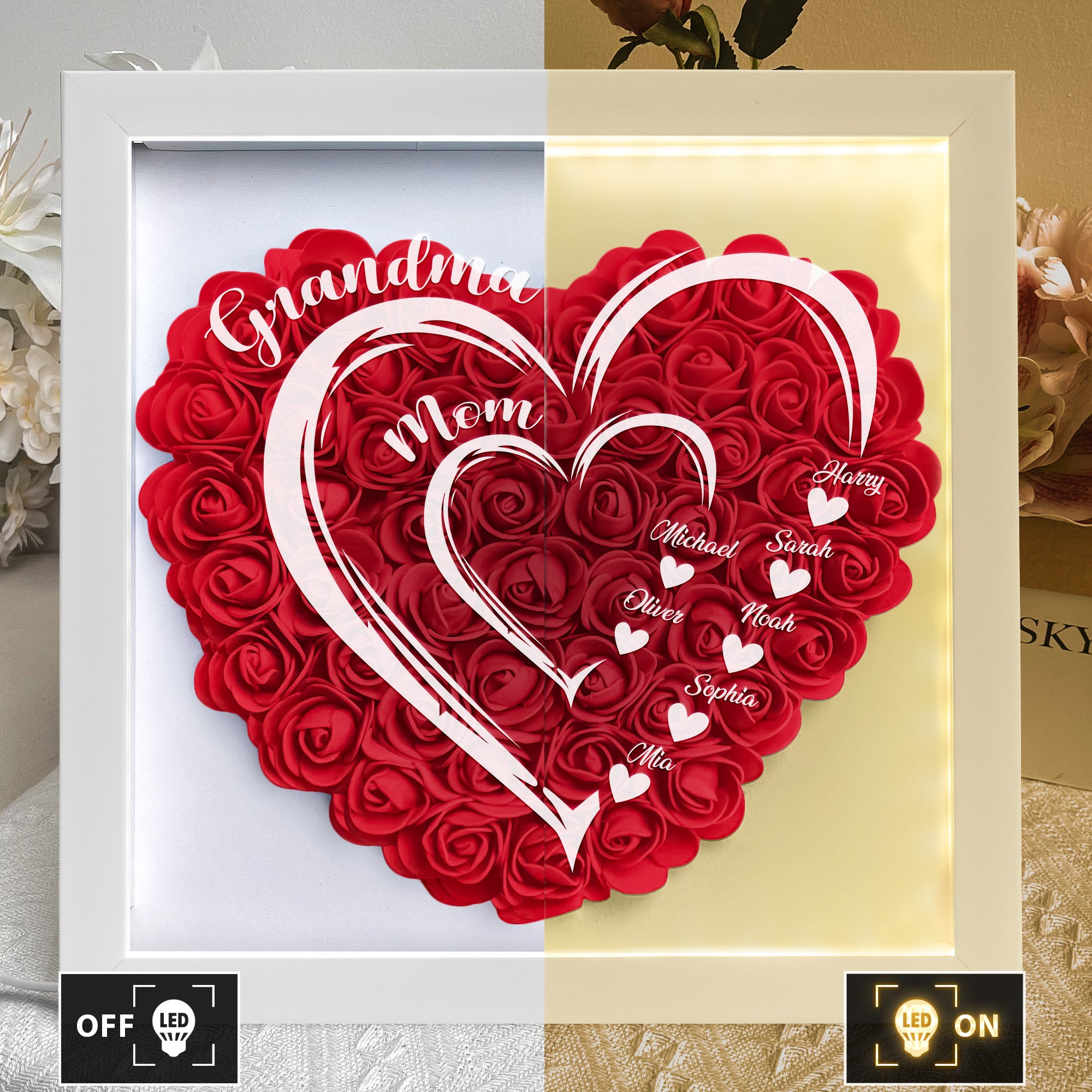 Mom Grandma Hearts Custom Kids' Names - Personalized Flower Shadow Box With LED Light