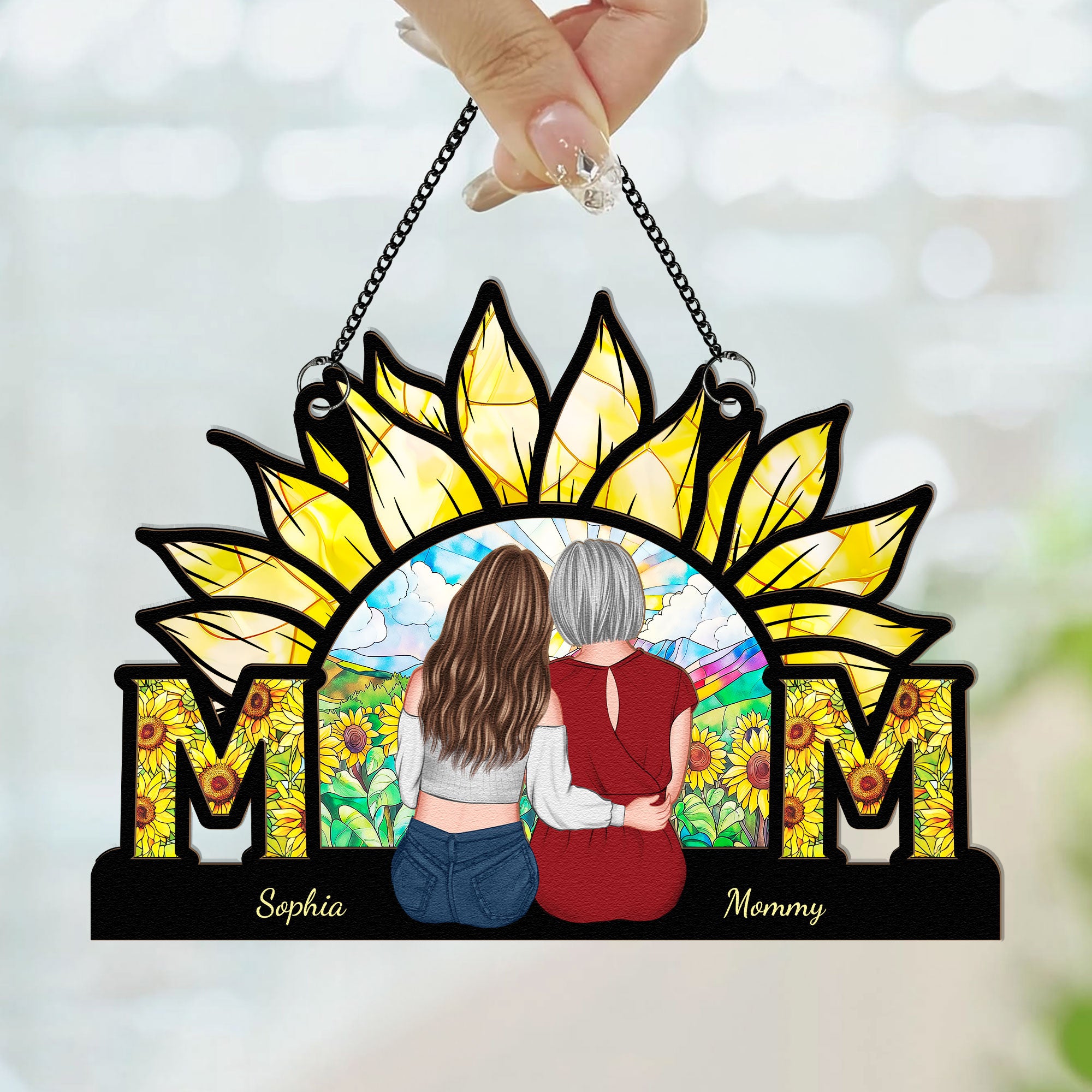 Mom - Sunflower Version - Personalized Window Hanging Suncatcher Ornament