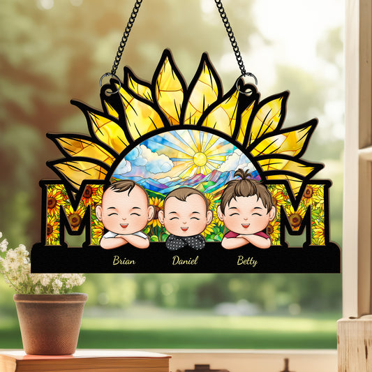 Mom We Love You - Sunflower Version - Personalized Window Hanging Suncatcher Ornament