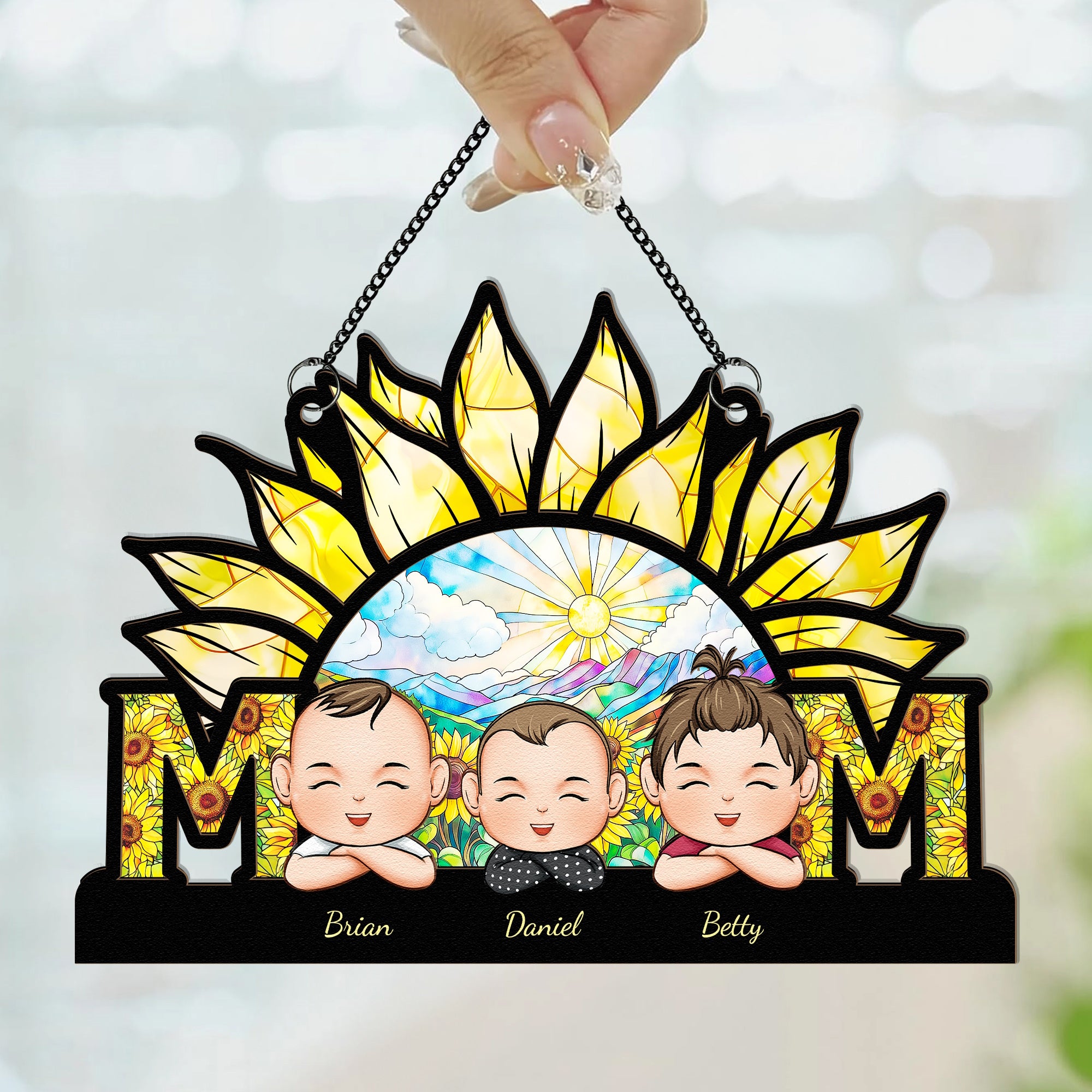 Mom We Love You - Sunflower Version - Personalized Window Hanging Suncatcher Ornament