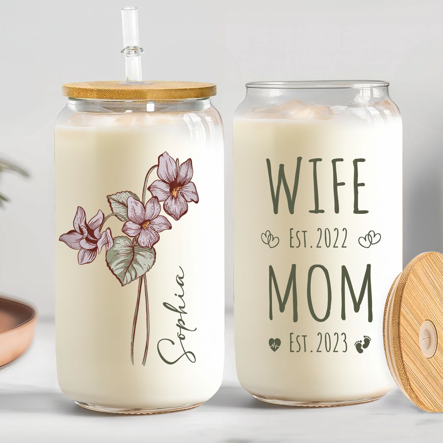 Mom Wife Est Birthday Flower Custom Month - Personalized Clear Glass Can