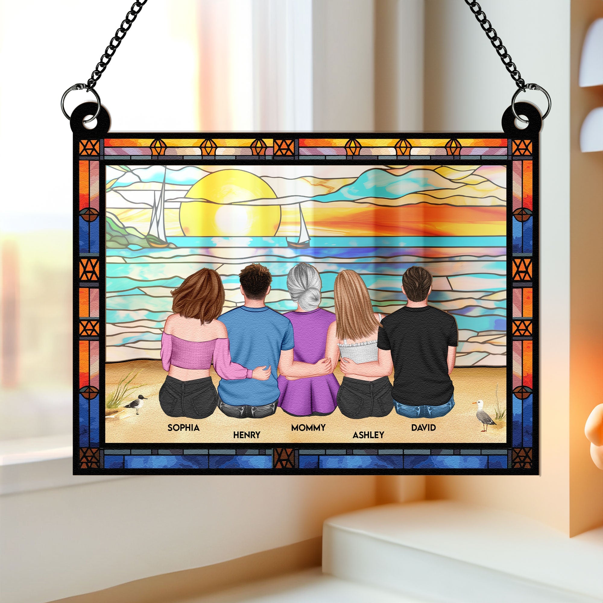 Mom & Children Sitting On The Beach - Personalized Window Hanging Sunc ...