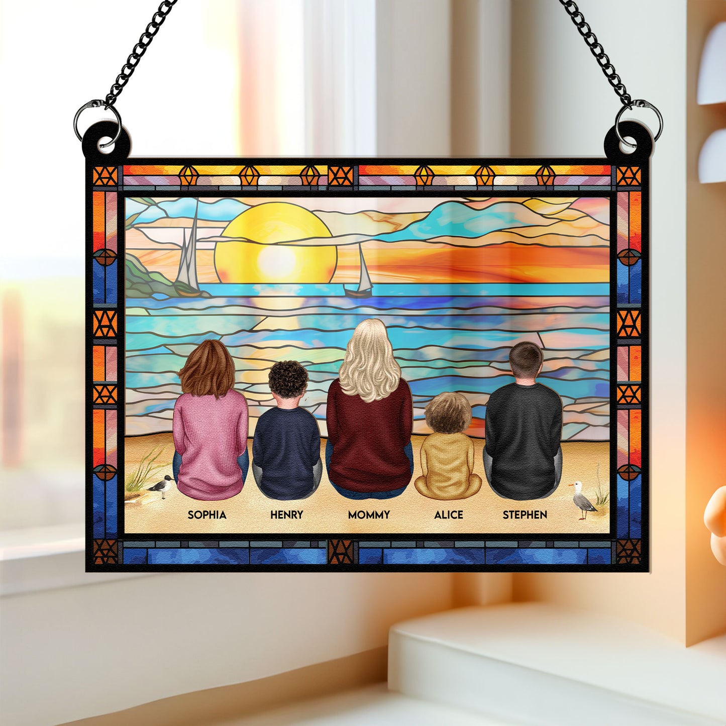 Mom & Children Sitting On The Beach - Personalized Window Hanging Suncatcher Ornament