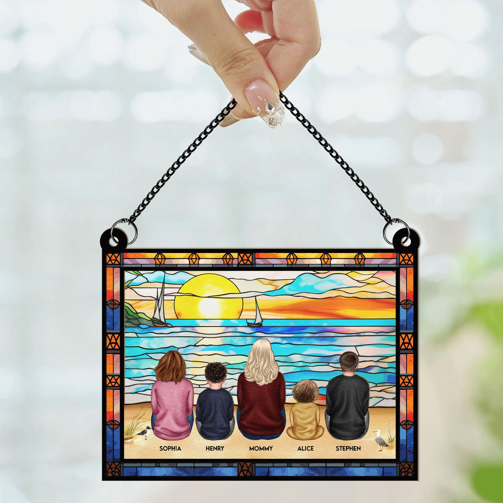 Mom & Children Sitting On The Beach - Personalized Window Hanging Suncatcher Ornament