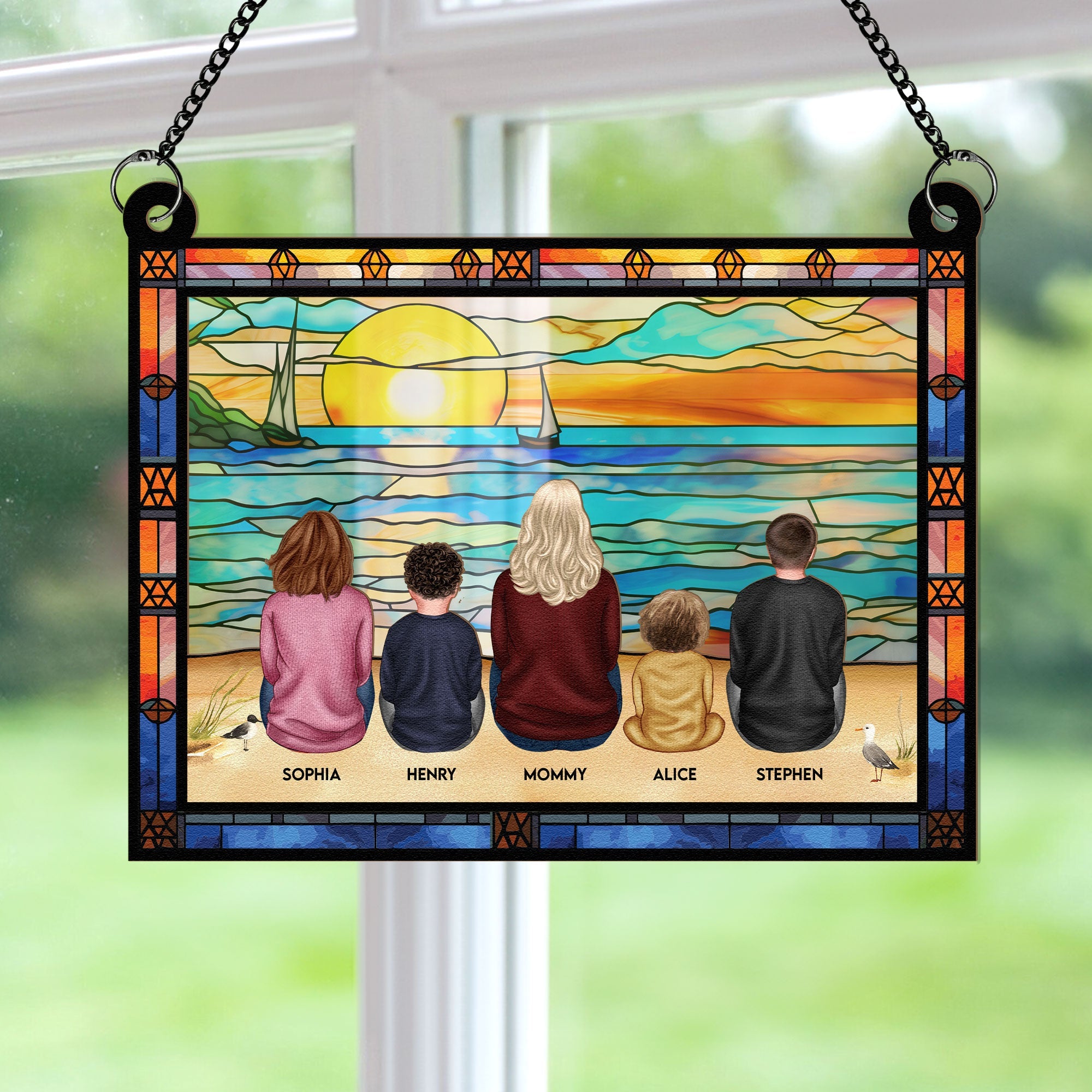 Mom & Children Sitting On The Beach - Personalized Window Hanging Suncatcher Ornament