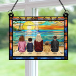 Mom & Children Sitting On The Beach - Personalized Window Hanging Suncatcher Ornament