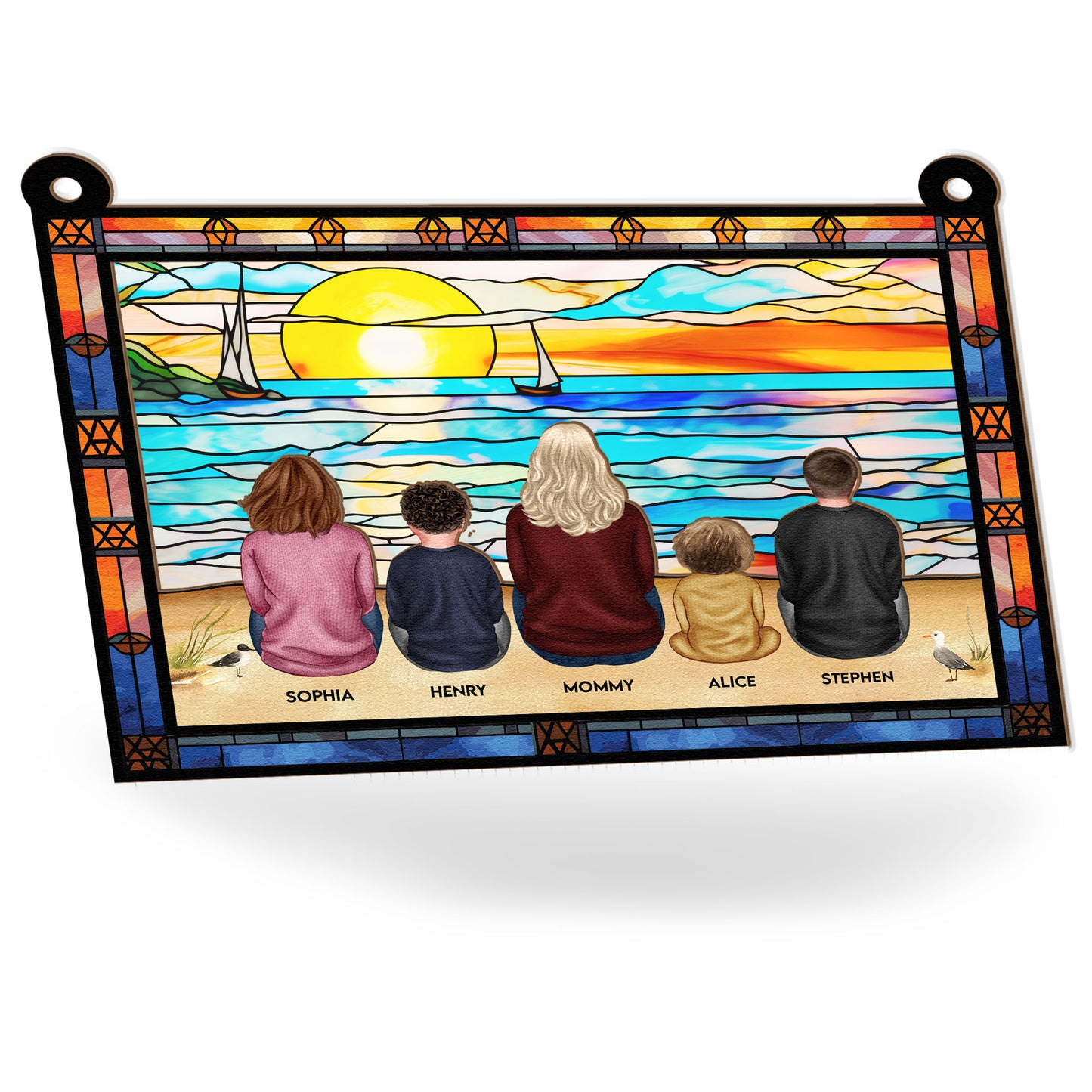 Mom & Children Sitting On The Beach - Personalized Window Hanging Suncatcher Ornament