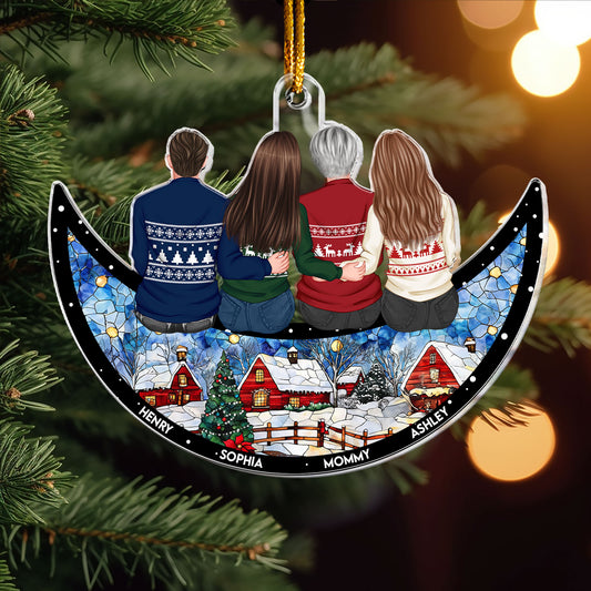 Mom & Children Sitting On The Moon - Christmas Time - Personalized Acrylic Ornament