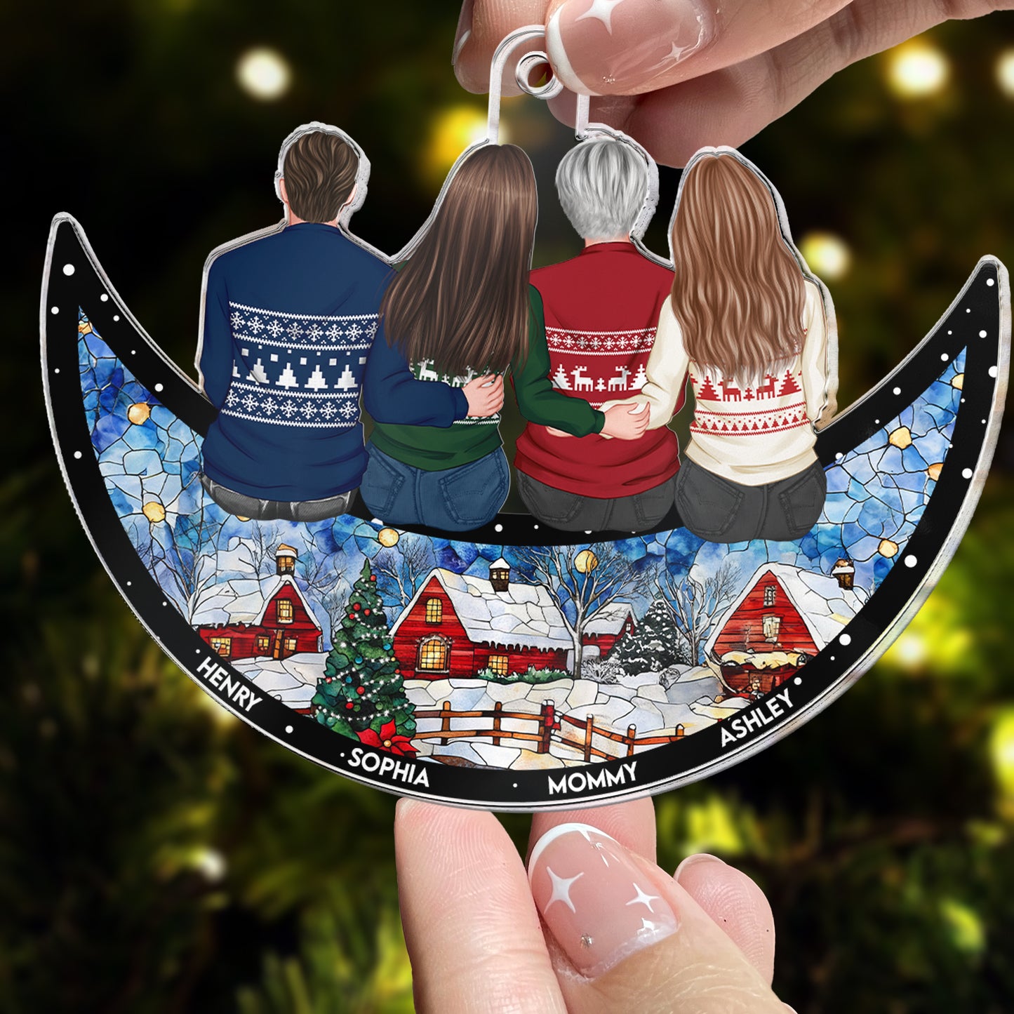 Mom & Children Sitting On The Moon - Christmas Time - Personalized Acrylic Ornament