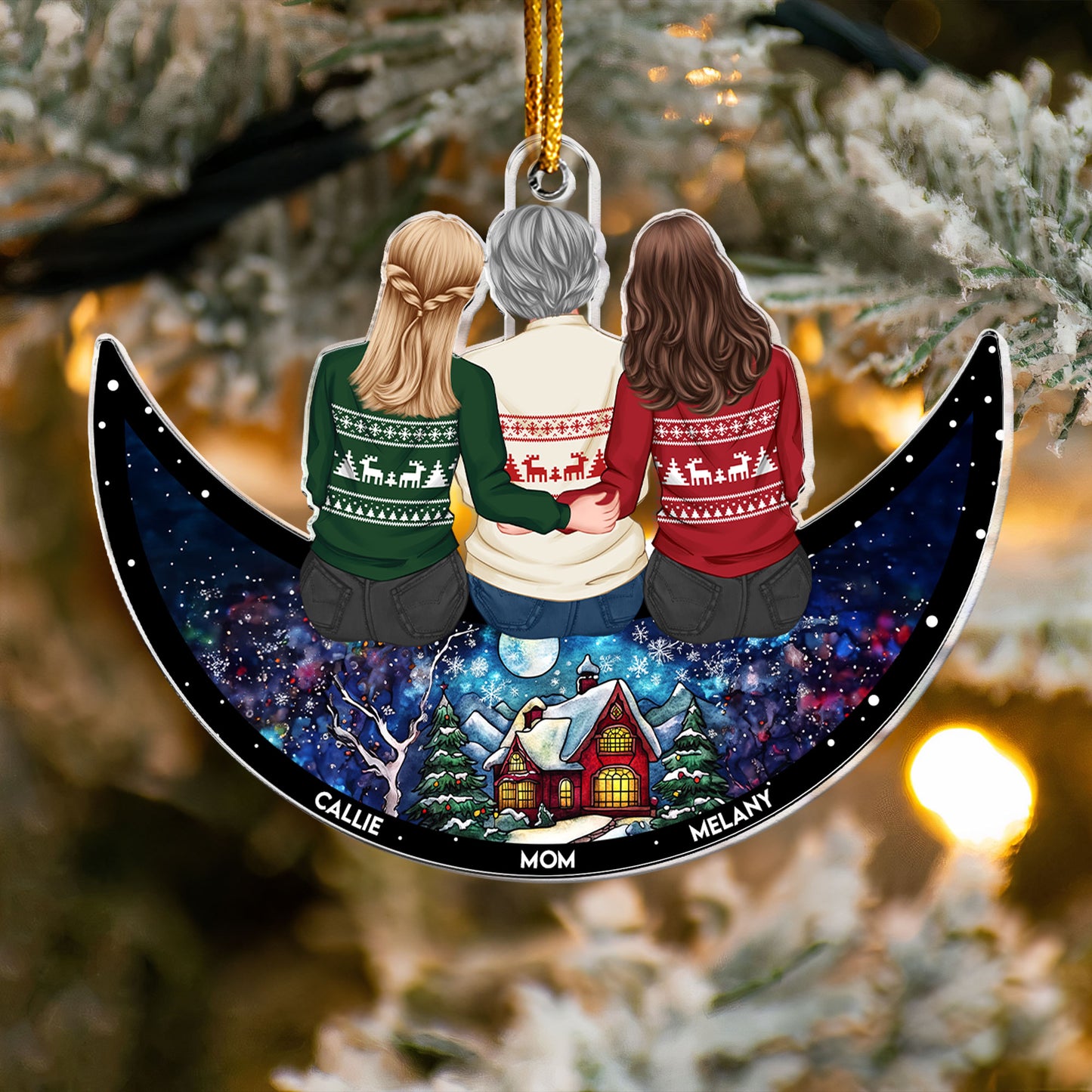 Mom & Children Sitting On The Moon - Christmas Time - Personalized Acrylic Ornament