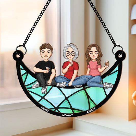 Mom & Children Sitting On The Moon - Personalized Window Hanging Suncatcher Ornament