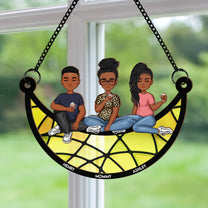 Mom & Children Sitting On The Moon - Personalized Window Hanging Suncatcher Ornament