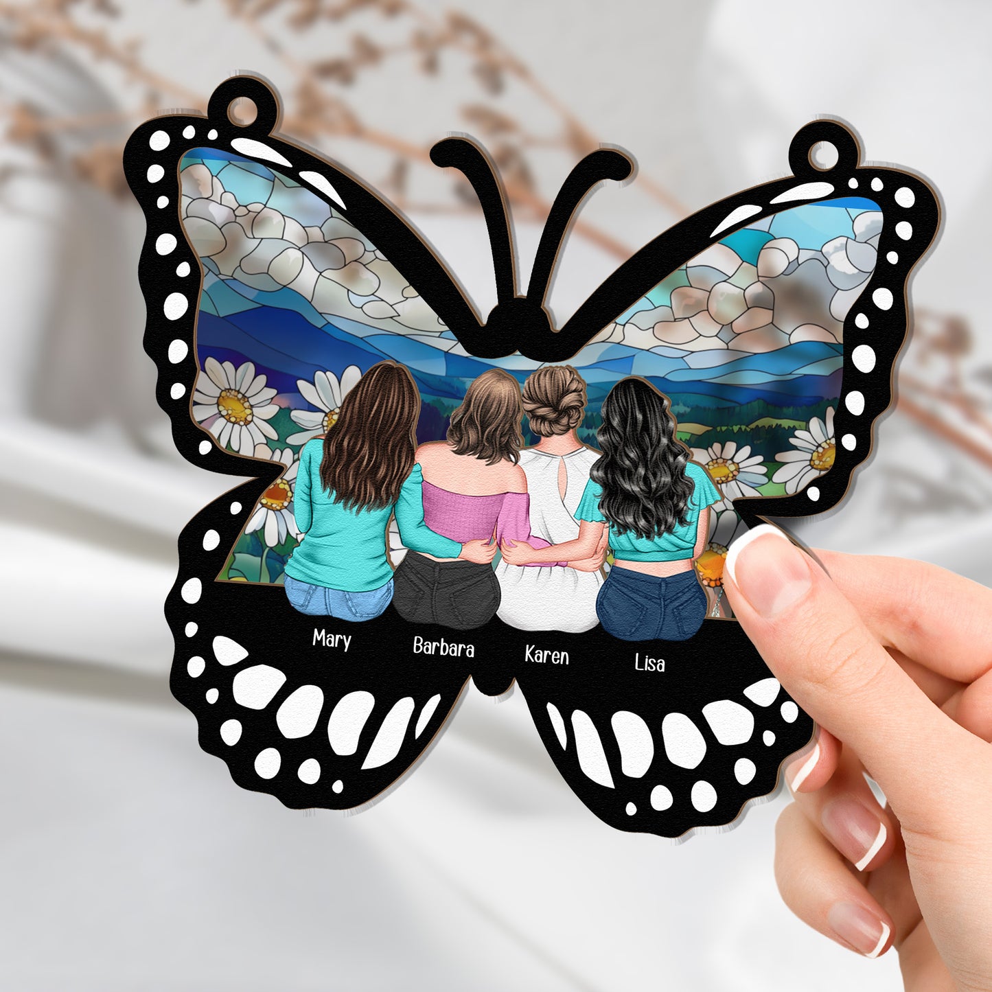Mom & Daughters, Sons - Besties, Sister - Butterfly - Personalized Window Hanging Suncatcher Ornament