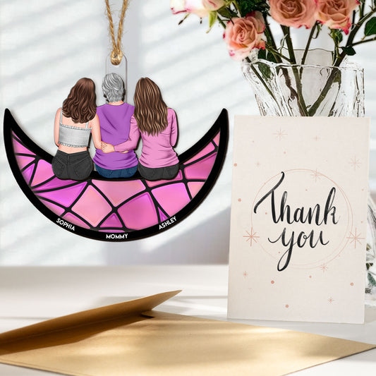 Mom, Children Sitting On The Moon - Personalized Suncatcher With Card