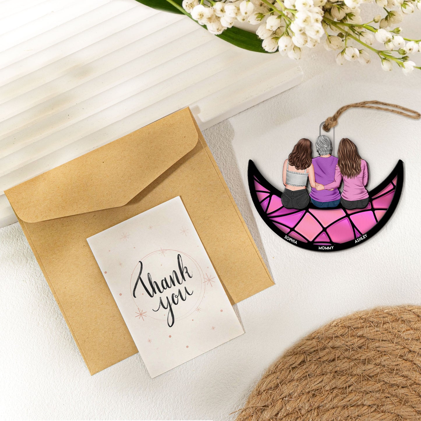 Mom, Children Sitting On The Moon - Personalized Suncatcher With Card